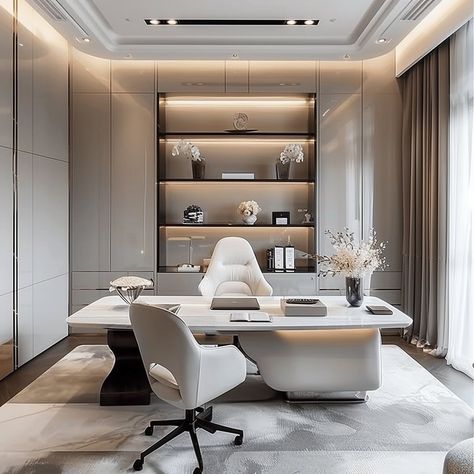 Office space - my sanctuary! Modern Luxe Home Office, Stunning Office Interiors, White Office Aesthetic, Cabinet Interior Office, Office Cabinet Design Modern, His Hers Office, House Interior Office, Manager Office Design, Dream Office Luxury