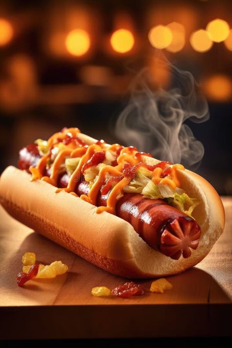 Delicious hotdog, sausage in bread close-up with smoke. Fast food. Menu stock image Hot Dog Pictures, Hotdogs Aesthetic, Fast Food Pictures, Fast Food Images, Food Marketing Ideas, Hot Dog Photography, Fast Food Ads, Fast Food Photography, Fast Background