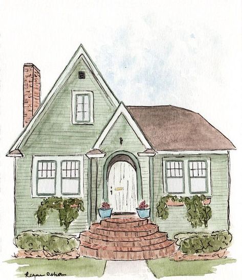 Home Watercolor Illustration, House Sketch Watercolor, Watercolor Of House, Cute House Drawing Cottages, How To Paint A House On Canvas, Watercolour Buildings Simple, Simple House Illustration, House Pictures Drawing, Simple House Painting