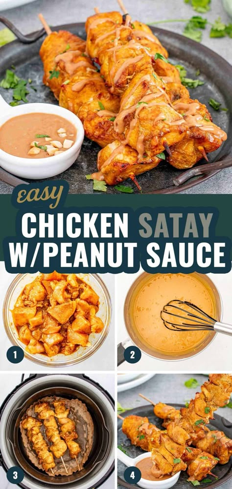 Whip up this easy and delicious Chicken Satay with Peanut Sauce for a quick, flavorful dinner! Perfect for weeknights or when you need a tasty meal without the fuss. #ChickenSatay #EasyRecipes Chicken Satay With Spicy Peanut Sauce, Sate Chicken, Easy Chicken Satay, Easy Thai Peanut Sauce, Satay Sauce Recipe, Chicken Satay With Peanut Sauce, Peanut Sauce Chicken, Peanut Satay Sauce, Chicken Satay Recipe