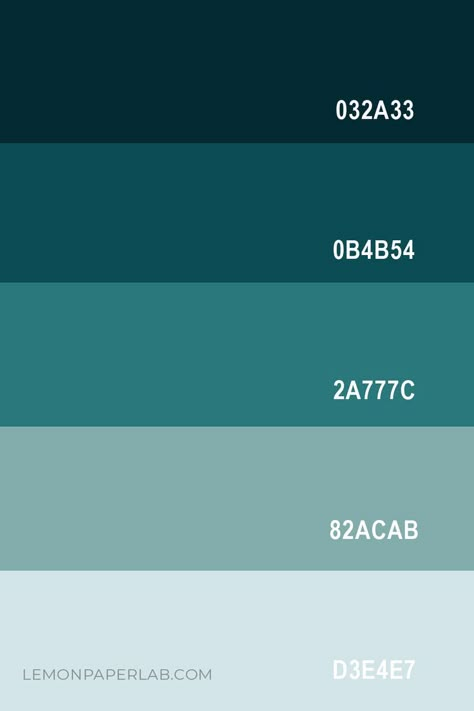 Looking for color inspiration? Check out this ombre teal color palette featuring Midnight Blue, Teal, Turquoise, Seafoam Green, and Light Gray Blue. Gray Blue Color Palette, Blue Pallets, Teal Palette, Teal Color Palette, Turquoise Color Palette, Seafoam Color, Teal Green Color, Hex Color Palette, Blue Color Palette