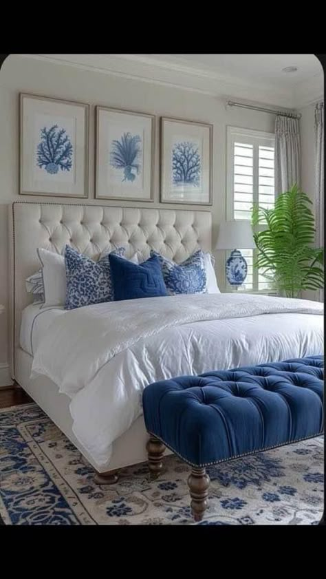 Costal Bedroom, Blue Room Decor, Blue And White Decor, Ocean Themed Bedroom, Blue Bedroom Decor, Bedroom Refresh, Room Makeover Bedroom, Bedroom Green, Blue Bedroom