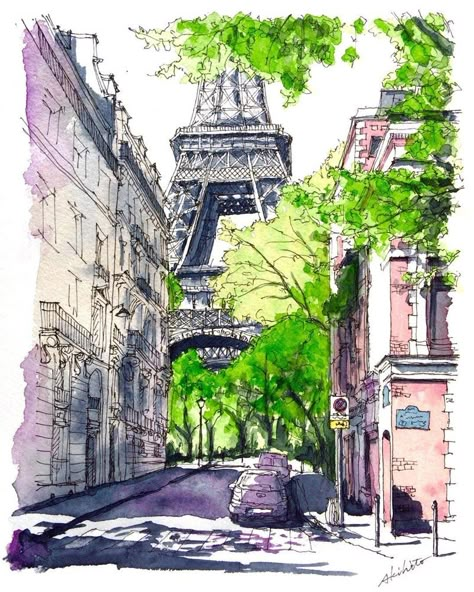 Watercolor Architecture, Architecture Drawing Art, Travel Sketches, 수채화 그림, Urban Sketchers, Watercolor Sketch, Urban Sketching, The Eiffel Tower, Watercolor Flower