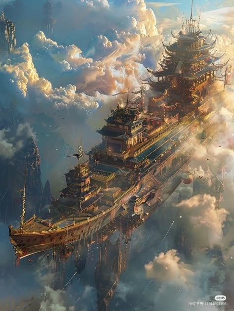 Flying Castle Fantasy Concept Art, Fantasy Floating City Concept Art, Flying City Concept Art, High Fantasy Concept Art, Fantasy Location Art, Fantasy Blimp, Fantasy Ship Concept Art, Sky City Concept Art, Fantasy Airport