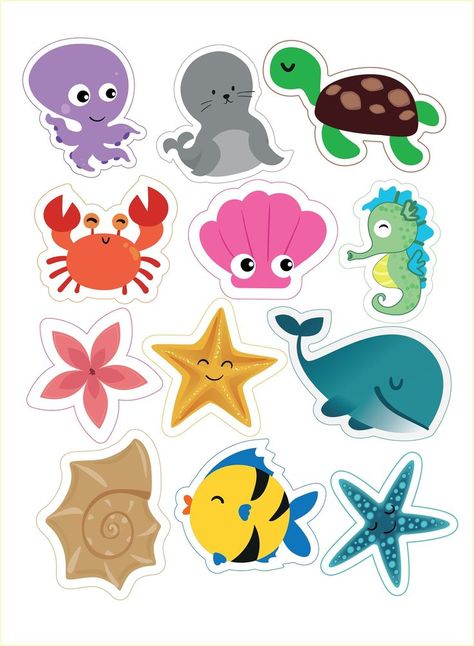 Sea Creatures Clipart Set Sea Animals Clip Art Crab Fish Octopus Turtle Printable Topper, Nautical Cupcake, Under The Sea Cake, Seni Resin, Sea Cake, Sea Cakes, Kids Fishing, Shark Birthday, Under The Sea Party