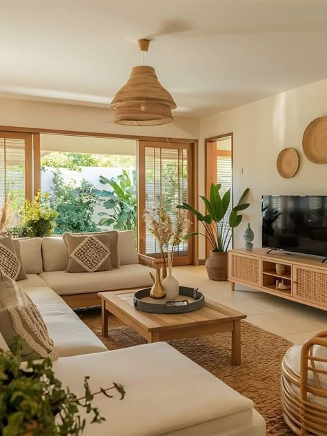 Brazilian Style Home, Village House Design Interiors, Modern Resort Interior Design, Boho Living Room With Tv, Wood Interior Design Living Rooms, Rustic Interior Design Living Room, Closed Living Room, White And Wood Living Room, Natural House Design