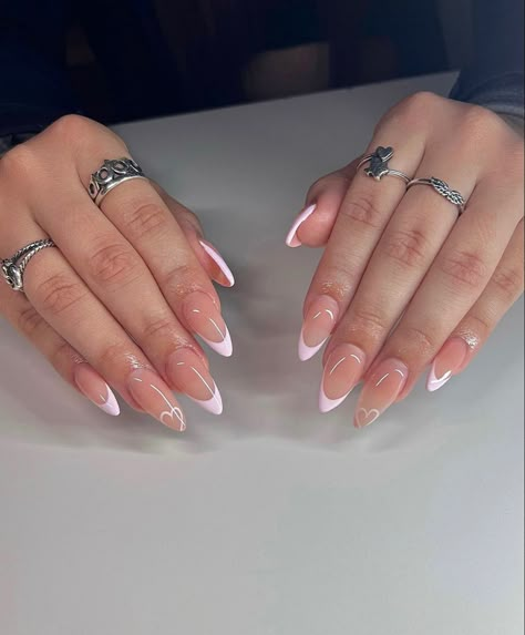 Nails And Rings, February Nails, Almond Nails Designs, Almond Acrylic Nails, Pink Acrylic Nails, Oval Nails, Heart Nails, Chic Nails, Nail Arts