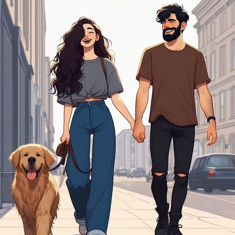 Couple With Dog Illustration, Couple With Dog Drawing, Service Dog Art, Couple With Dog Aesthetic, Aesthetic Couple Drawings, Digital Illustration Couple, Couple With A Dog, Couple Character Design, Amanda Oleander