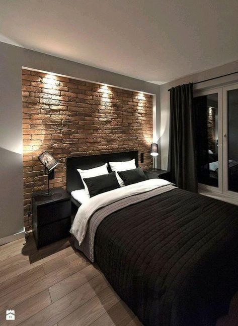 Brick Bedroom, Room Decor For Men, Mens Room Decor, Bedroom Design Inspiration, A Brick Wall, Mens Bedroom, Dekorasi Kamar Tidur, House Dream, Trendy Bedroom