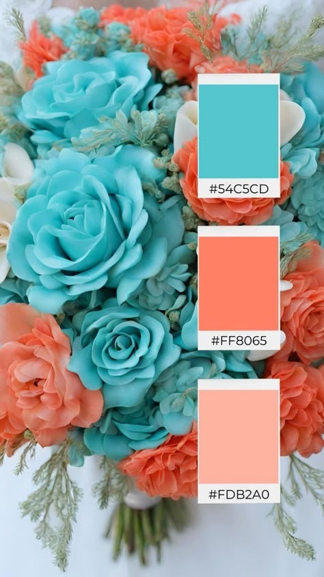 Turquoise And Coral Wedding, Turquoise Coral Weddings, Blue And Coral Wedding, Wedding Color Ideas Spring, Wedding Color Ideas Winter, Coral Color Schemes, Wedding Color Ideas Summer, Color Palettes Wedding, Coral Wedding Colors