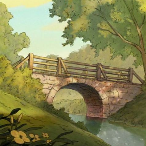 Winnie The Pooh Bridge, Hundred Acre Woods Wallpaper, Cartoon River Background, Hundred Acre Woods Aesthetic, Storybook Background, Disney Cottagecore, Cottagecore Disney, Story Book Art, رسم كاريكاتير