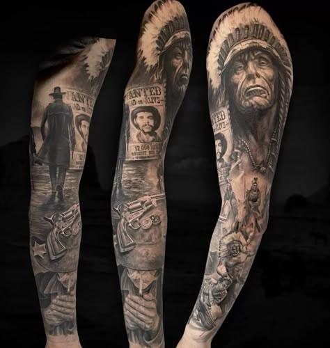 Realistic Western Tattoo, Cowboy And Indian Tattoo Sleeve, Realistic Cowboy Tattoo, Western Movie Tattoo, Cowboys And Indians Tattoo, Mexican Cowboy Tattoo, Cowboy And Indian Tattoo, Apache Indian Tattoo, Outlaw Tattoos For Men