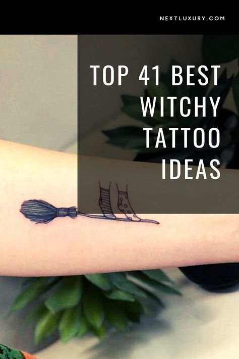 Once upon a time witches were burnt at the stake. Now the mysterious icons of the Wiccan religion and their accoutrements make great choices for tattoo art. #nextluxury #witchytattoo #tattooart #witchtattoodesigns #witchtattooart Spell Tattoo Witchcraft, Cottage Witch Tattoo, Coven Tattoos Witches, Witchy Ankle Tattoo, Small Witch Tattoo Ideas Simple, Hanging Tattoo Design, Tattoo Ideas Female Witchy, Witch’s Knot Tattoo, Best Friend Witchy Tattoos