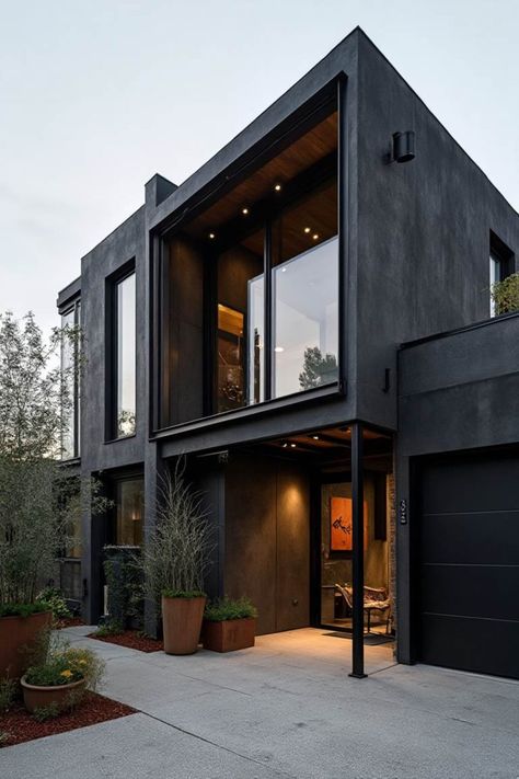 15 Black House Exterior Ideas That Redefine Modern Elegance Masculine House Exterior, Black Mid Century House Exterior, Black Modern Exterior House, Gothic Modern House Interior, Black Mid Century House, Black Luxury House Exterior, Black Exterior Homes, All Black Houses, Mid Century House Exterior