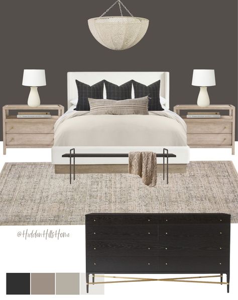 Gray And Black Master Bedrooms Decor, Organic Modern Glam Bedroom, Earthy Modern Bedroom Aesthetic, Main Bedroom Bedding Ideas, Light Gray Upholstered Bed Decor Ideas, Upholstered Beds Decor, Transitional Master Bedrooms Decor, Grey Upholstered Bed Bedroom, Gray Upholstered Bed Decor Ideas