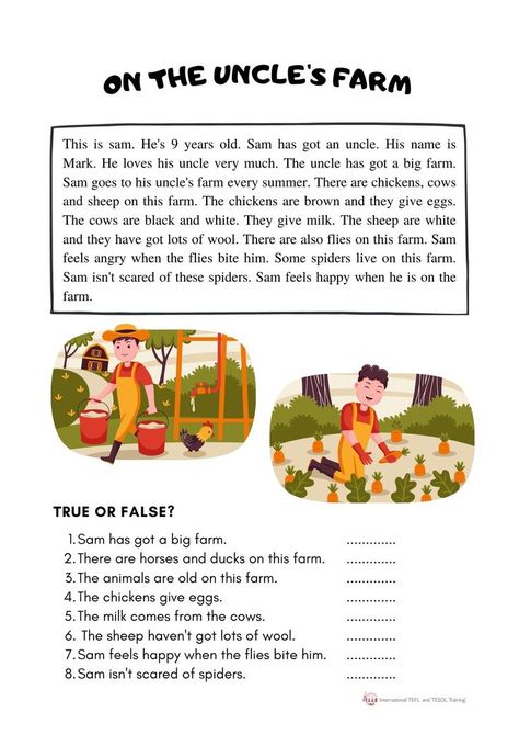 English Text For Beginners, Farm Reading Comprehension, English Reading For Grade 2 Student, Read And Answer Worksheet, Esl Reading Comprehension Beginners, Beginner Reading Worksheets, English Exercises For Beginners, Reading Texts For Beginners, Beginner Reading Activities