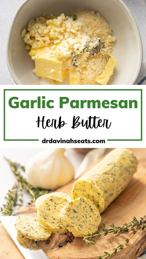 Make this Garlic Parmesan Herb Butter Recipe for steak in just 5 minutes. You can use it as a finishing touch on my air fryer steak or pan-seared steak recipe for extra flavor. You can also enjoy this simple recipe as a garlicky, buttery base for air fryer Cajun shrimp and garlic butter chicken. Ready in two-steps, but instructions for how to roll compound butter are included too! Discover more quick and easy recipes for your family at https://drdavinahseats.com/. Garlic Butter For Steak, Butter Recipe For Steak, Air Fryer Cajun Shrimp, Butter For Steak, Herb Butter For Steak, Recipe For Steak, Compound Butter Recipe, Flavored Butter Recipes, Make Garlic Butter