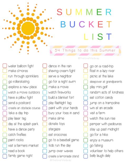 {Summer Bucket List and FREE PRINTABLE} 54 Things to do with Your Kids This Summer - The Love Filled Way Printable Summer Bucket List, Kids Summer Bucket List, Outdoor Pics, Bucket List For Teens, Summer To Do List, Summer Schedule, Summer Fun For Kids, Bucket List Ideas, Summer Fun List