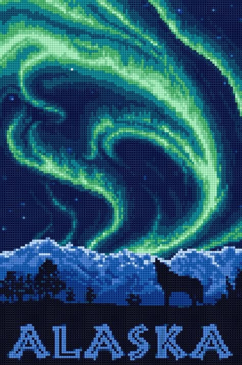 Alaska Cross Stitch Pattern, Northern Lights Cross Stitch Patterns, Embroidery Aurora, Northern Lights Cross Stitch, Alaska Poster, Perler Bead Mario, Celtic Knot Tattoo, Celtic Cross Stitch, Cross Stitch Landscape