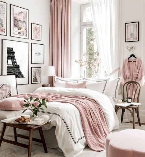 Pink Industrial Bedroom, Paris Inspired Bedroom, Bed In Front Of Window, Parisian Bedroom Decor, Pink And White Bedroom, Paris Room Decor, Paris Themed Bedroom, Parisian Bedroom, Paris Wall Decor