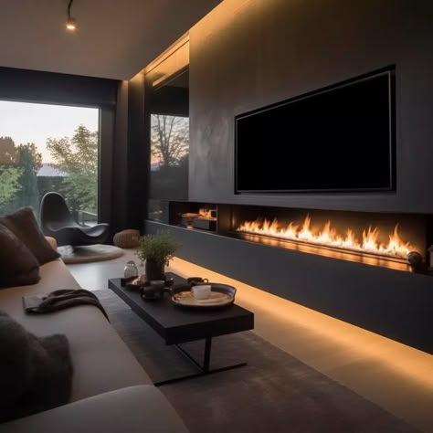 Tv Wall Design Fireplace Modern, Recessed Fireplace Ideas, Modern Fireplace Hearth Ideas, Tv Wall Design Contemporary, 85 Inch Tv On Wall With Fireplace, Luxury Electric Fireplace, Tv Wall Decor Fireplace, Modern House Design Interior Living Rooms Decorating Ideas, Sleek Fireplace Ideas