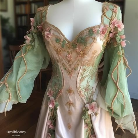 Fairy dresses by unibloom Fantasy Spring Dress, Titiana Queen Of The Fairies, Spring Court Fashion Acotar, Nature Goddess Dress, Whimsical Fairy Dress, Farie Dresses, Fantasy Nature Dress, Pink Fairy Cosplay, Fairy Like Dresses