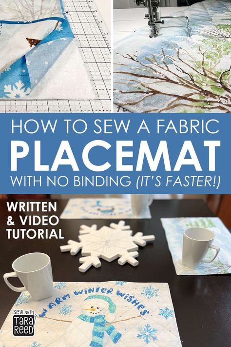 Easy placemats to sew without having to make and add binding. Video tutorial shows you the fasted way to sew placemats from fabric panels. Winter placemats using Tara Reed's January Placemat Panel from the Monthly Placemat Panel program for Riley Blake Designs is shown. Quick And Easy Quilted Placemats, How To Sew Placemats With Batting, Placemat Size Chart, Placemats To Sew, Making Placemats, Table Mats Ideas Diy, How To Make Placemats, Easy Placemats, Placemat Design