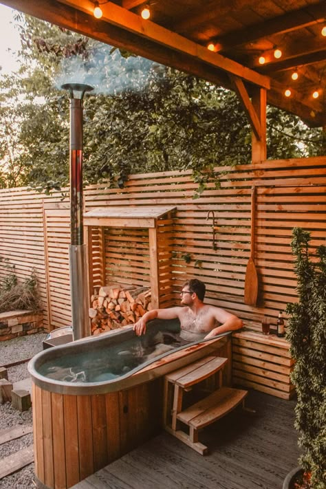 Tiny House Hot Tub, Scandinavian Hot Tub, Swedish Hot Tub, Bath Tub Outdoor Garden, Wood Fired Outdoor Bath, Tiny Hot Tub Small Spaces, Small Space Hot Tub, Log Burning Hot Tub, Cast Iron Hot Tub