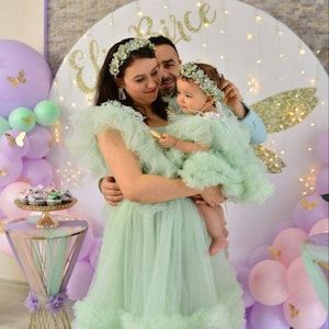 Mom Daughter Outfits Birthday, Mom And Daughter Birthday Dress, Mother Daughter Dresses Matching Birthday, Mother Daughter Matching Dresses, Bday Outfits, Ruffle Tulle Dress, Neon Pink Dresses, Long Skirt And Top, Mommy And Daughter