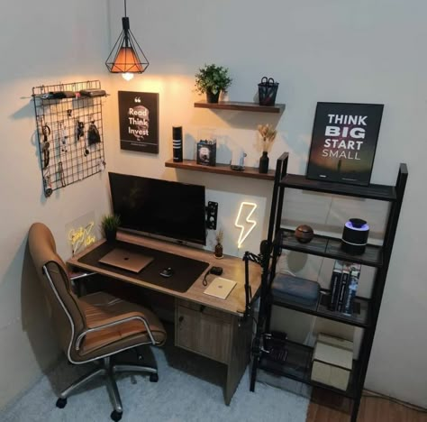 Ruangan Studio, Mens Bedroom Decor, Home Studio Setup, Desk Setups, Bedroom Setup, Room Redesign, Small Room Design, Setup Ideas, Room Design Bedroom