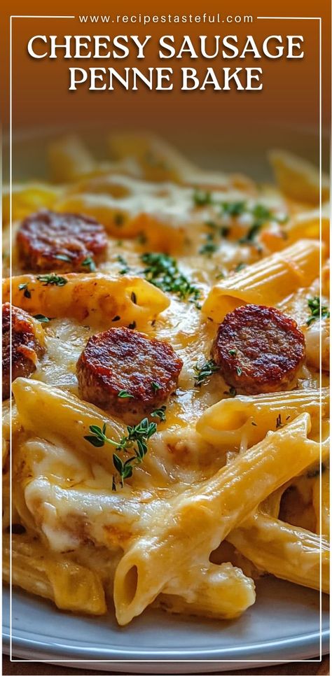 A comforting and delicious Cheesy Sausage Penne Bake that combines smoky sausage with creamy cheese sauce and al dente penne pasta, perfect for family dinners or gatherings. Baked Pasta With Sausage, Penne Bake, Sausage Penne Pasta, Cheesy Baked Pasta, Cheesy Sausage Pasta, Sausage Penne, Baked Penne Pasta, Sausage Pasta Bake, Penne Pasta Recipes