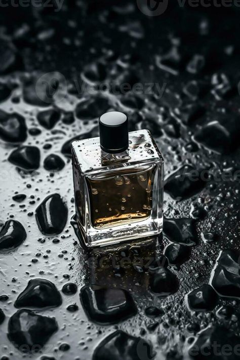 Modern glass men perfume bottle among black rocks in the rain, fragrance and perfumery, post-processed, generative ai Mens Product Photography, Perfumes Photography, Rain Fragrance, Perfume Advertisement, Man Perfume, Perfume Product, Fragrance Editorial, Form Board, Perfume Ads