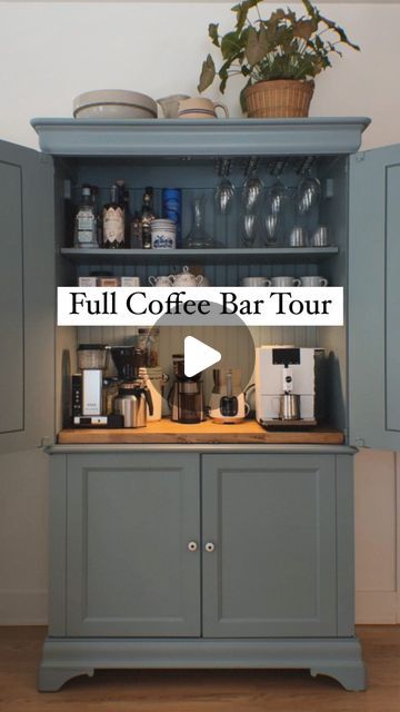 Coffee Station Cupboard Ideas, Bar And Coffee Cabinet, Tv Cabinet Turned Coffee Bar, Stand Alone Coffee Bar Cabinet, Coffee Bar In Cupboard, Bar Inside Cabinet, Coffee Wine Station Ideas, Drink And Coffee Station, Tv Cabinet Coffee Bar