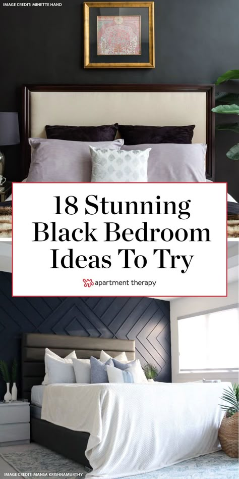 Black bedroom walls are having a moment, and it’s not difficult to see why. Along with creating a bold but sophisticated backdrop for a space, black paint can make a bedroom feel cozy, moody, and perfect for catching Zs. #bedroomideas #bedroomdecor #bedrooms #blackbedrooms #blackwalls #blackbedroomideas #bedroomdecorideas #cozybedroom #romanticbedroom Master Bedrooms With Dark Walls, Black Walls Master Bed, Bedroom Black Accent Wall Ideas, Bedroom Decor With Black Wall, Black Matte Walls Master Bedrooms, Bedding With Black Wall, Black Wall Guest Bedroom, Accent Wall Black Bedroom, Bedrooms Dark Walls