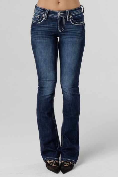 Shop the best selling women's jeans and denim at Miss Me. Find high-quality denim in a variety of styles, including skinny, bootcut, and distressed. Enjoy Free Continental US Shipping on orders $200+ Flare Jeans With Pocket Design, Miss Me Jeans Low Rise, Dark Low Rise Jeans, Bootcut Jeans Low Rise, Bootcut Low Rise Jeans, Bootcut Jeans Aesthetic, Low Rise Bootcut Jeans Outfits, Dark Flared Jeans, Low Wasted Jeans