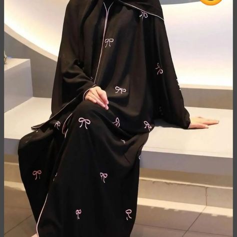 BOW ABAYA available @hidayaa_boutique Bow Abaya Design, Bow Burkha, Cute Abaya Designs, Nose Piece Hijab Design, Abaya Fashion Black Simple, Trending Abaya Designs, Burkha Designs Black Dubai, Abaya Fashion Black, Burkha Designs Black