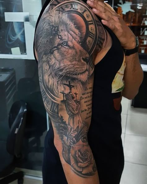 Unique Tattoo Sleeve Men, Christian Shoulder Tattoo, Tattoo Sleeves Mens, Lion And Jesus Tattoo, Jesus Lion Tattoo, Christian Sleeve Tattoo Men, Lion Tattoo Shoulder, Sleeve Lion Tattoo, Lion Tattoo Half Sleeve