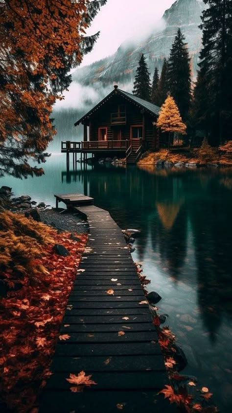 Travel Scenery Photography, Cottage By Lake, Lake House Wallpaper, Swiss Cabin, Cozy Landscape, Lake Aesthetics, Autumn Cabin, Cabin Pictures, Cabin Landscape