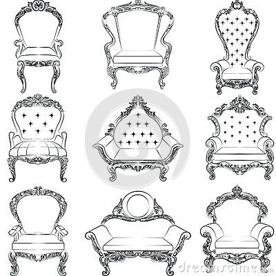 Baroque luxury style armchair furniture set Drawing Furniture, Furniture Sketch, Baroque Furniture, Furniture Design Sketches, Interior Design Drawings, Baroque Ornament, Interior Design Sketches, Architecture Drawing Art, Vector Sketch