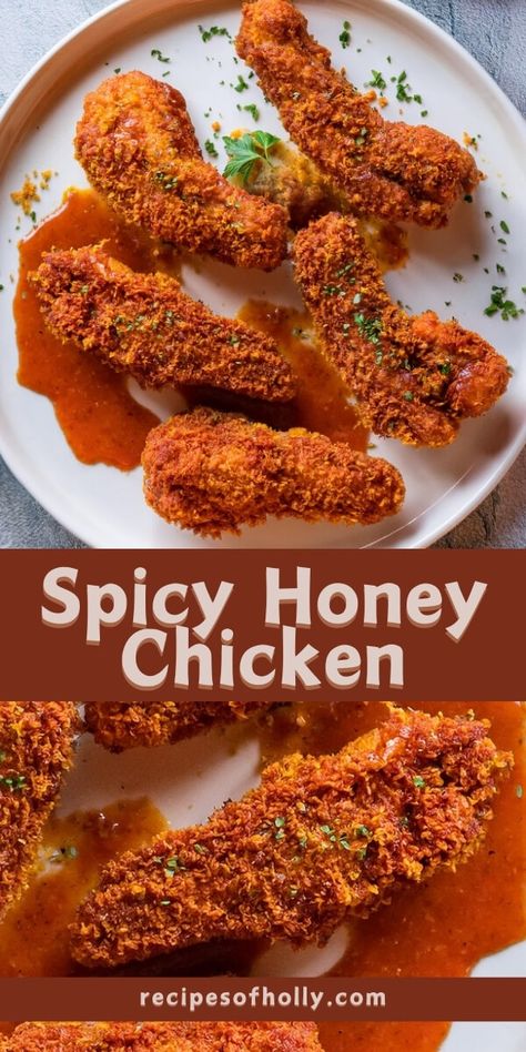 Spicy Honey Chicken Spicy Honey Chicken, Honey Fried Chicken, Baked Chicken Strips, Chilled Desserts, Crispy Baked Chicken, Honey Sauce, Lemon Pepper Chicken, Spicy Honey, Honey Chicken