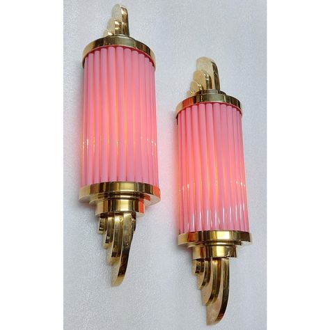 Pair Skyscraper Vintage 1940s Art Deco Wall Sconces Fixture Brass & Pink Glass Rod Ship Light | Chairish Art Deco Wall Sconces, Ship Light, 1940s Art Deco, 1940s Art, Deco Wall, Art Deco Wall, Old Lamps, Art Deco Lighting, Art Deco Home