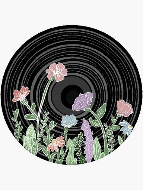 Painted Records Flowers, Records Drawing, Painted Vinyl Records Aesthetic, Vinyl Painting Ideas, Painted Records Vinyl, Vinyl Record Painting Ideas, Record Sticker, Simple Cat Tattoo, Record Painting Ideas