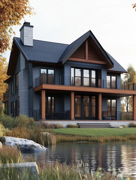 A chic lake house with a serene color scheme, featuring dark blue and warm wood accents, large windows, and a scenic view of the water and surrounding nature, showcasing tranquil lake house color schemes. Modern Seaside Cottage, Lake House Wall Of Windows, Dark Blue House With Wood Accents, Lake House Exterior Colors Schemes, Navy Blue Lake House Exterior, Timeless Lake House, Three Story Lake House, Lake Tahoe Color Palette, Lake House Cottage Exterior