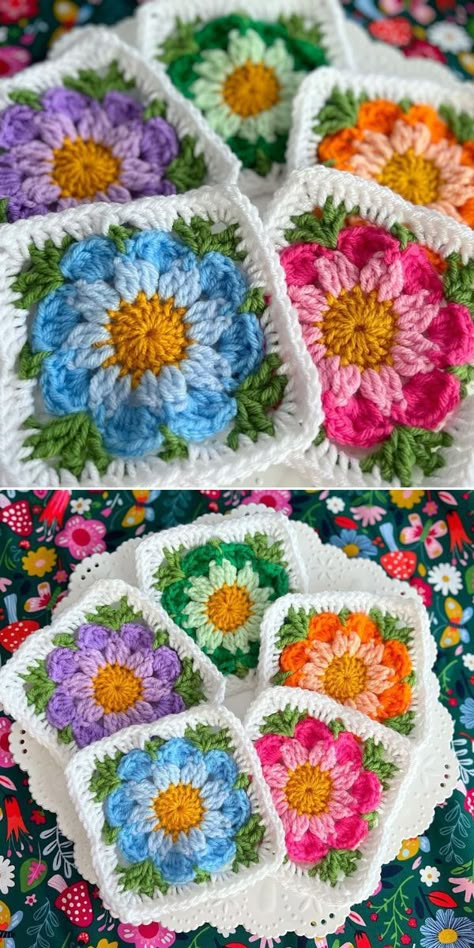 35 Beautiful Flower Crochet Squares Patterns Use in Spring 2024 Flower Squares Crochet, Crochet Flower Rug Pattern Free, Granny Squares Flower Patterns, Crochet Flower Color Combinations, Granny Square Flowers Patterns, Flower Crochet Pattern Granny Squares, Wildflower Granny Square, Square Motif Crochet Pattern Free, Crochet Granny Square Flower Blanket