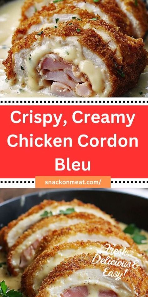 Indulge in this homemade Chicken Cordon Bleu, featuring tender chicken breasts stuffed with layers of Swiss cheese and ham, then breaded and fried to golden perfection! Paired with a creamy Dijon sauce, this dish is sure to impress at any meal. Perfect for family dinners or special occasions, and leftovers are just as delicious! Chicken Cordon Blue Sauce, Creamy Chicken Cordon Bleu, Creamy Dijon Sauce, Creamy Dijon, Cordon Bleu Recipe, Dijon Sauce, Chicken Cordon Bleu Recipe, Fried Chicken Breast, Chicken Cordon