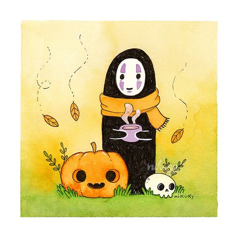 Ghibli Halloween, October Doodles, Spooky Painting Ideas, Halloween Ideas Crafts, Cute Halloween Ideas, Watercolor And Ink Illustration, When It Rains It Pours, Fall Girl, Wallpaper Maker