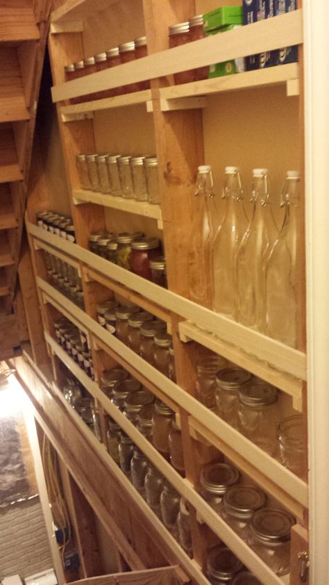 Made some canning supply storage in my basement stairwell Canning Supplies Storage, Canning Supply Storage, Basement Stairs Storage, Canning Room, Stairway Storage, Basement Stairway, Canning Jar Storage, Basement Stairwell, Food Storage Rooms