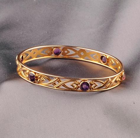 14kt Gold and Amethyst Bangle, Whiteside & Blank, set with six circular-cut amethysts, in an elaborate scrollwork mount, interior cir. 7 3/4 in., maker's mark Plain Gold Bangles, Amethyst Bangle, Fancy Jewelry Necklace, Bangles Gold, Gold Jewelry Simple Necklace, Gold Jewelry Stores, Gold Pendant Jewelry, Scroll Work, Gold Ring Designs