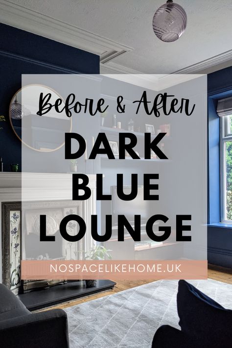 Dark blue lounge with fireplace and grey rug Small Living Room Blue Walls, All Navy Living Room, Dark Blue Reading Room, Blue Sitting Room Walls, Blue Sitting Room Decor, Dark Blue Sunroom, Navy Blue Walls And Ceiling, Navy Blue Lounge Decor, Snug Room Ideas Small Wall Colours