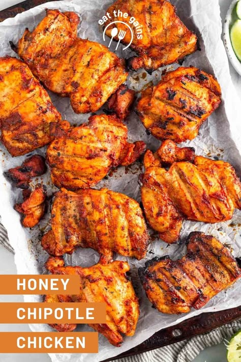 This honey chipotle chicken marinade combines chipotle peppers in adobo, olive oil, honey, lime, and spices for the perfect sweet and spicy flavor. It's super versatile, easy to make, and great for meal prep! Honey Chipotle Chicken Fajitas, Honey Chipotle Chicken Marinade, Chipotle Pepper Chicken Marinade, Chipotle In Adobo Chicken, Spicy Chicken Thigh Marinade, Chipotle Pepper Chicken, Chipotle Adobo Recipes, Chipotle Adobo Chicken, Honey Chipotle Chicken Tacos